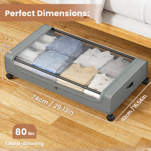 PHINOX Large Fabric Under Bed Storage on Wheels & Dust Cover, Grey, 2 PCS
