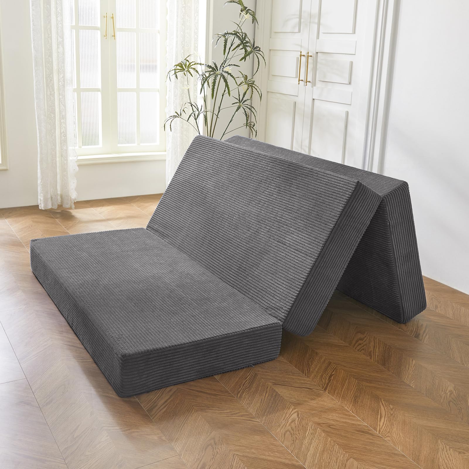 MAXYOYO Folding Corduroy Mattress, Tri Fold Floor Mattress 10cm thick with Washable Covers,Foldable in Three,Space-Saving for Guest (Charcoal, Double)