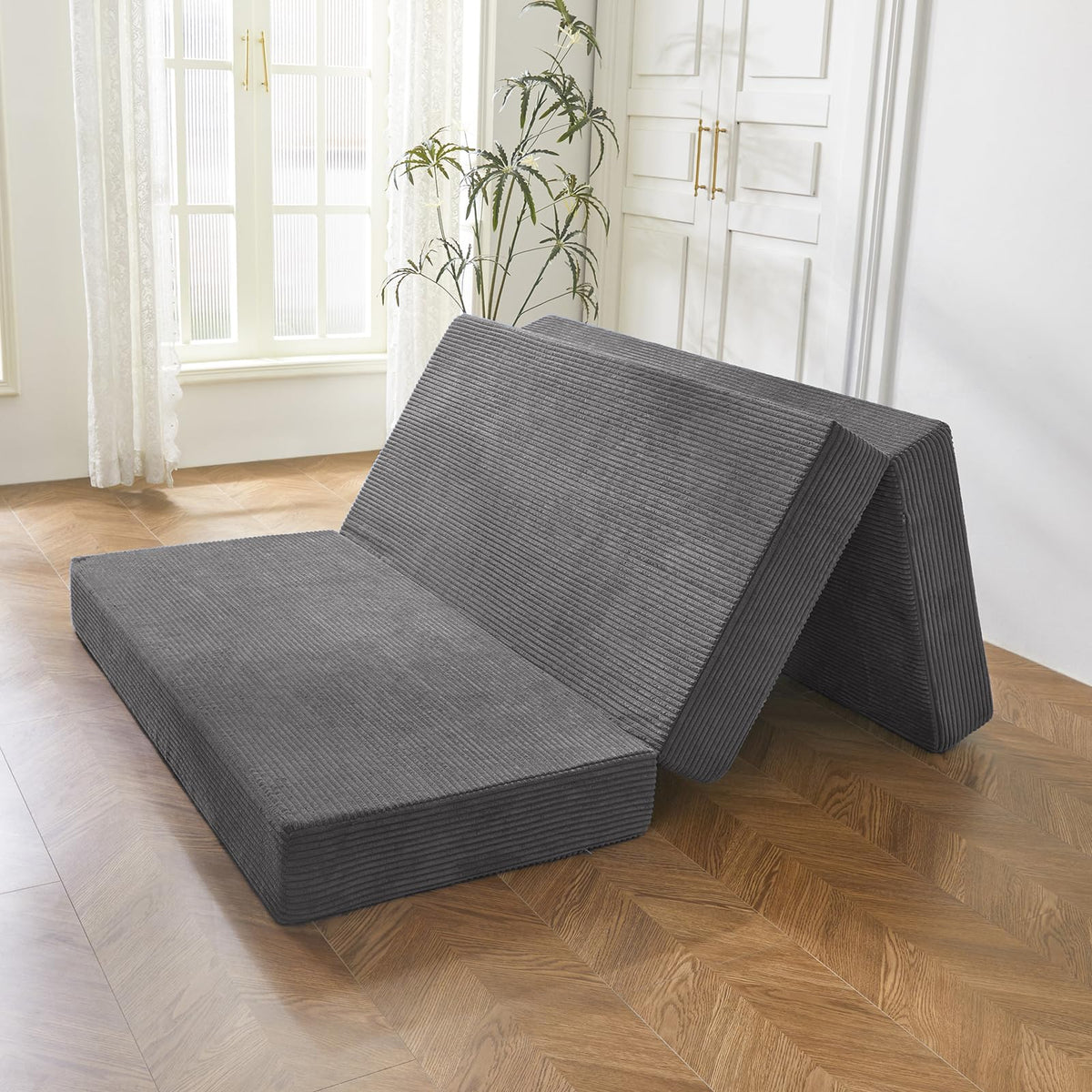 MAXYOYO Folding Corduroy Mattress, Tri Fold Floor Mattress 10cm thick with Washable Covers,Foldable in Three,Space-Saving for Guest (Charcoal, Double)