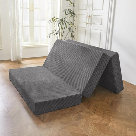MAXYOYO Folding Corduroy Mattress, Tri Fold Floor Mattress 10cm thick with Washable Covers,Foldable in Three,Space-Saving for Guest (Charcoal, Double)