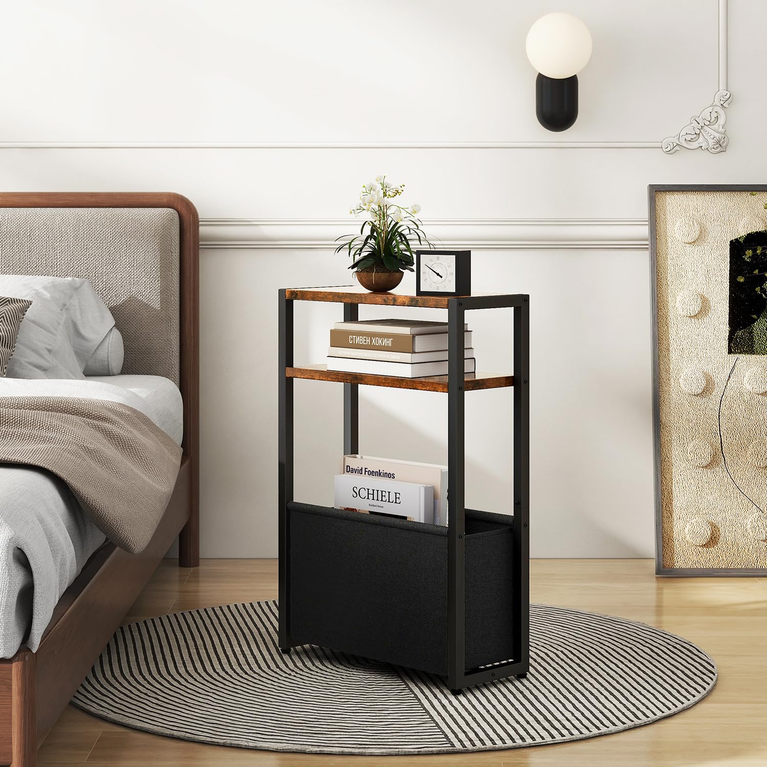 IBUYKE Narrow Side Table,Slim End Table with Fabric Basket,Brown TMZ009H