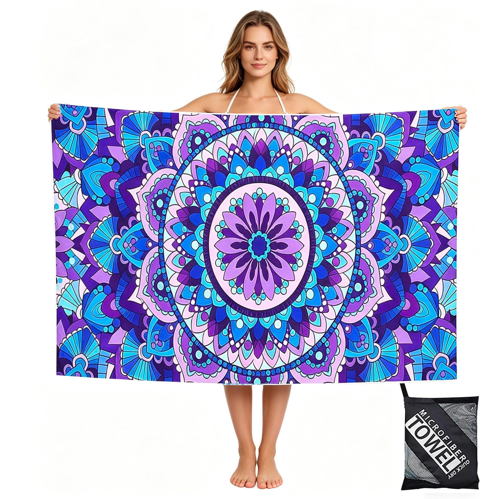 yayafunfun Large Quick Dry Microfibre Beach Towels for Adults, 160X90cm Mandala Bath Towel Travel Towels with Pocket