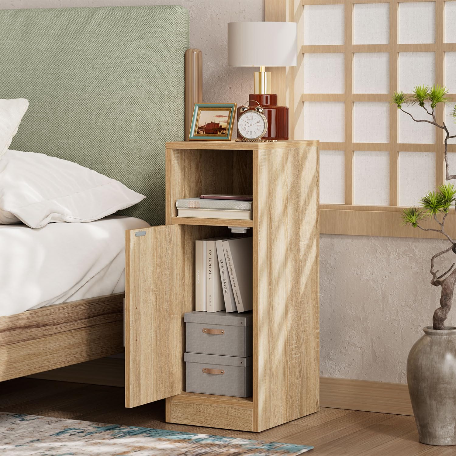 IBUYKE Slim Bedside Table Set of 2,Rattan Nightstand,Natural WNS012N-2
