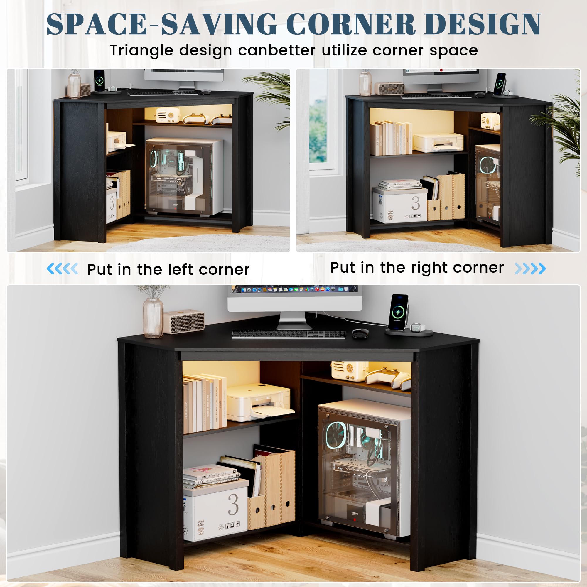 FREDEES Corner Desk with Charging Station & LED Light, Black