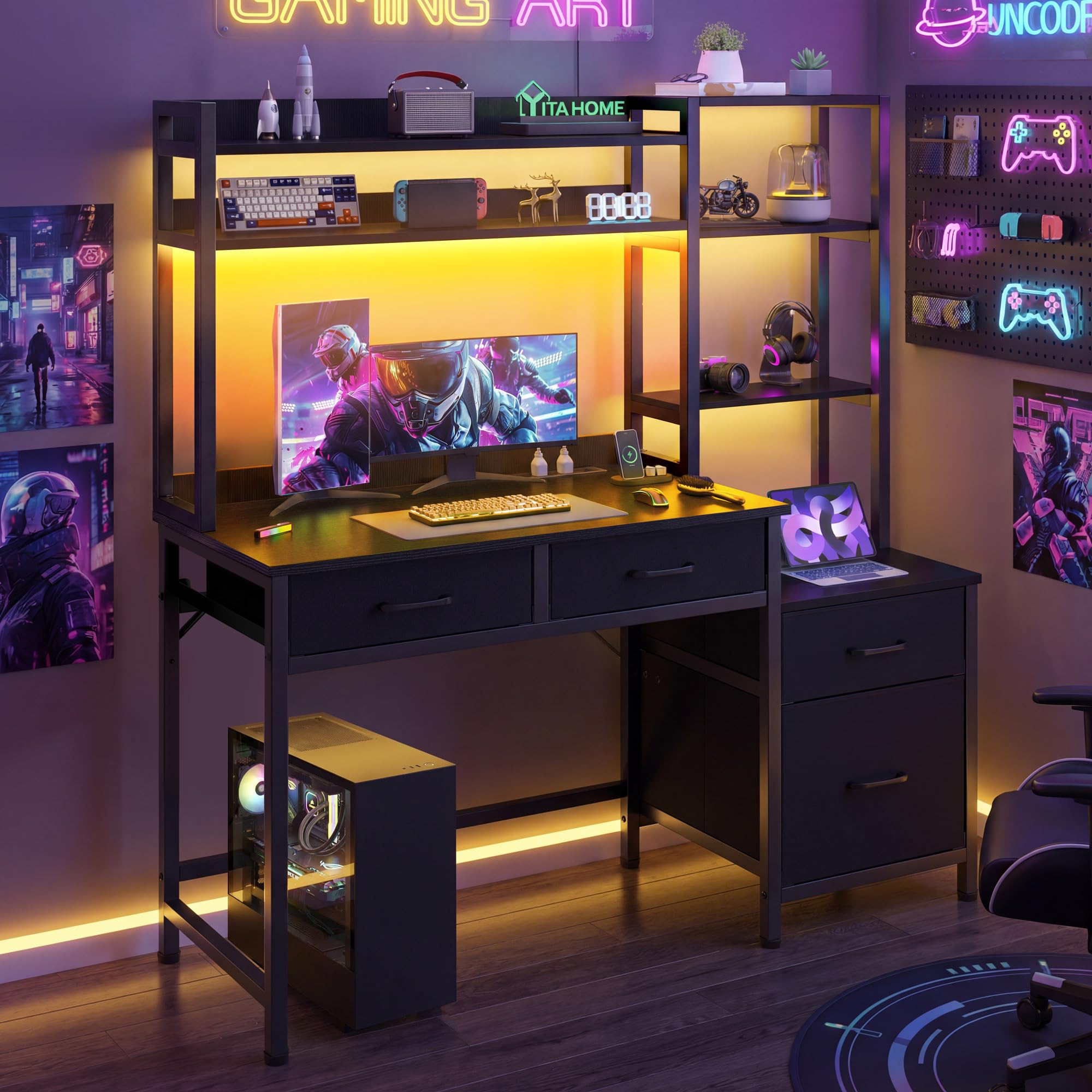 YITAHOME Computer Desk with Drawers LED Power 128cm Home Office Black