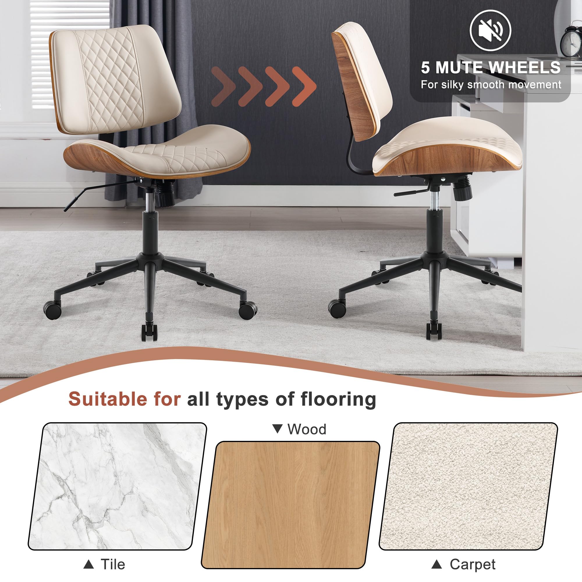 BERYTH Armless Desk Chair with Wheels Boucle Home Office Chair 360° Swivel Adjustable Height PU Leather Max. 136kg Mid Back Modern Bentwood Walnut
