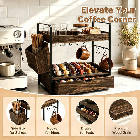 Bathroom Counter Organizer with Drawer and Basket, Wooden Skincare Holder