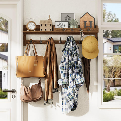 AMBIRD Wall-Mounted Coat Rack, 89cm Large Wall Hooks with Shelf, Entryway Shelf with 7 Dual Coat Hooks, Mail Organiser, Wooden Coat Hanger