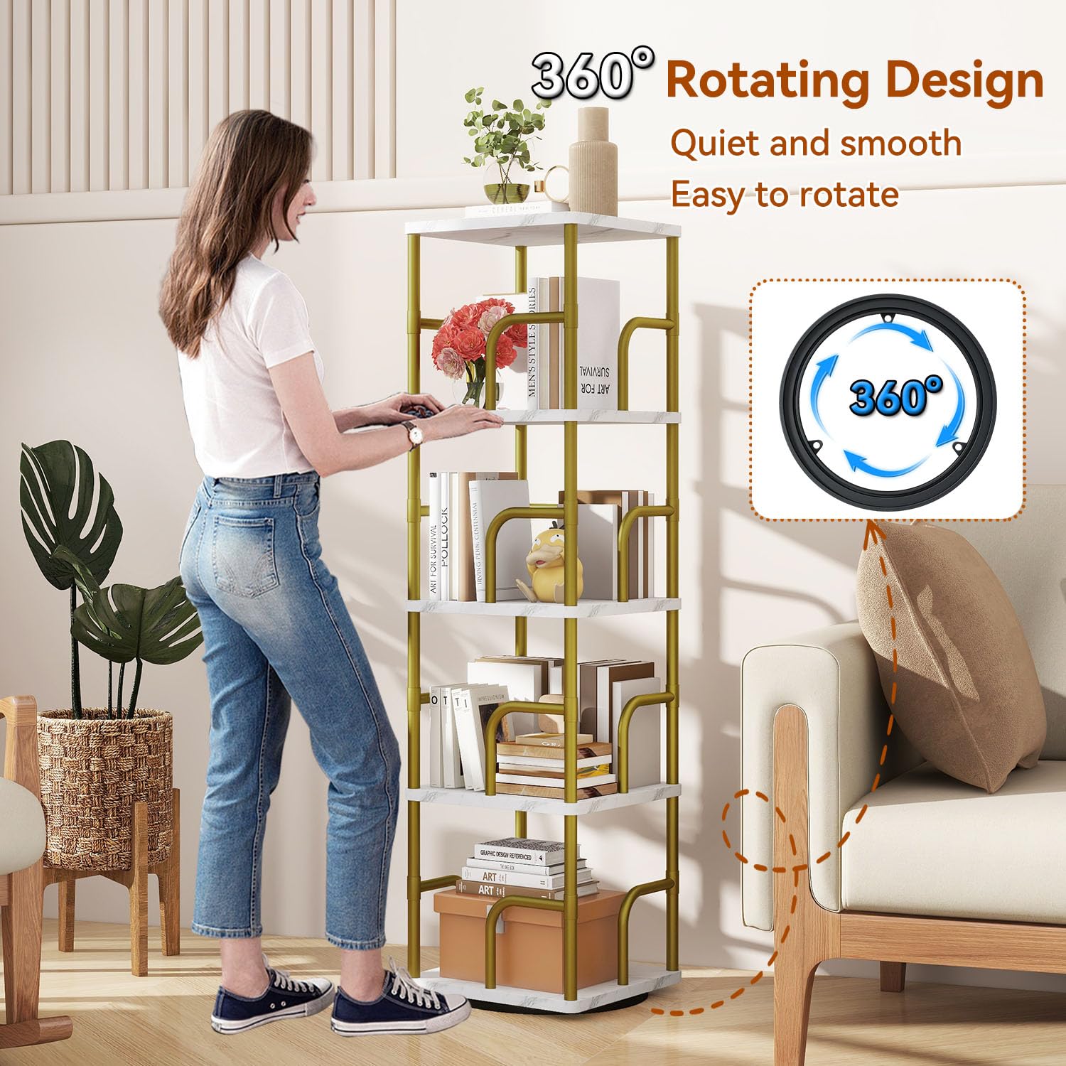 IBUYKE 5 Tier Rotating Bookshelf,Square Bookcases,White TBC004GW