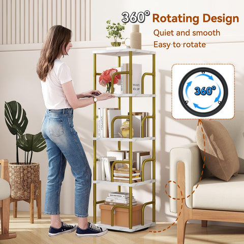 IBUYKE 5 Tier Rotating Bookshelf,Square Bookcases,White TBC004GW