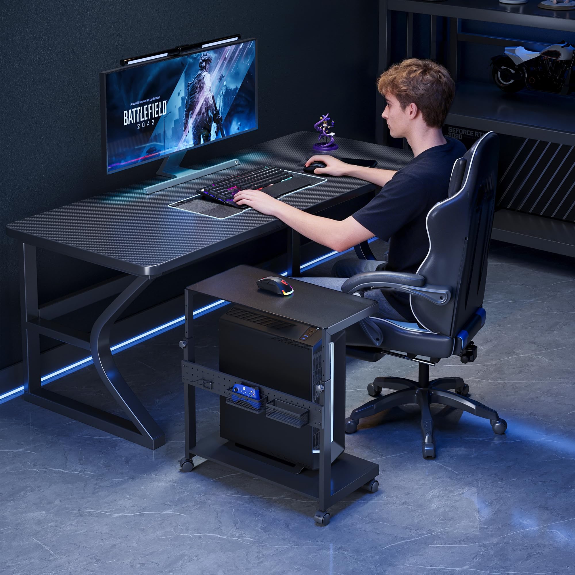 EUREKA ERGONOMIC PC Stand Computer Cart Frosted Glass, Height Adjustable Tower Stand 2-Tier for ATX Case Printer