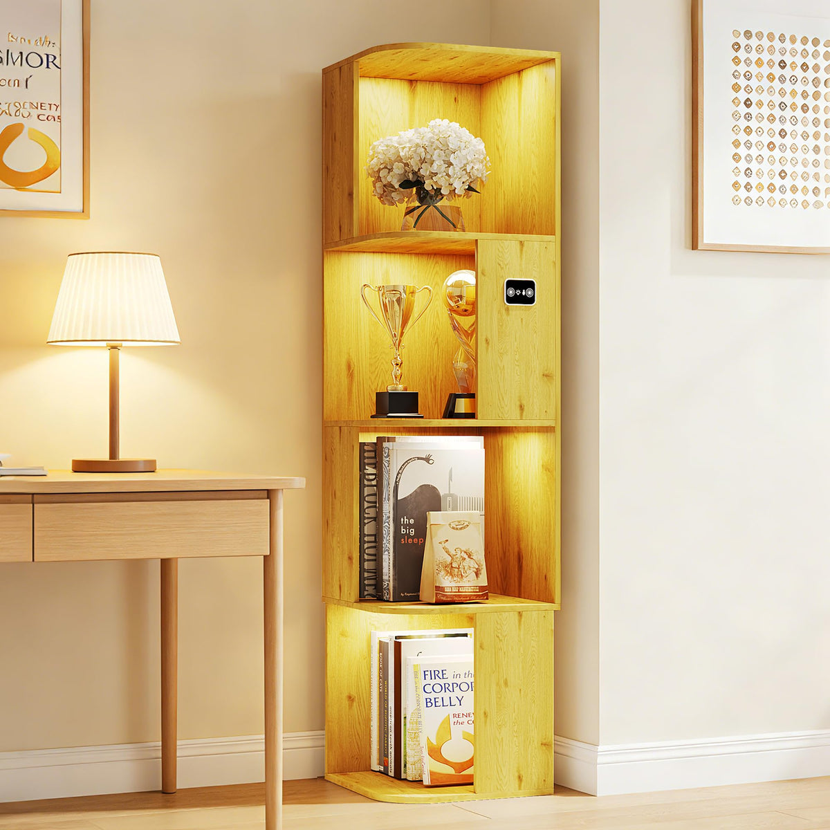 55.1 " Corner Wood Bookcase with Body Sensor LED for Home Office,Natural