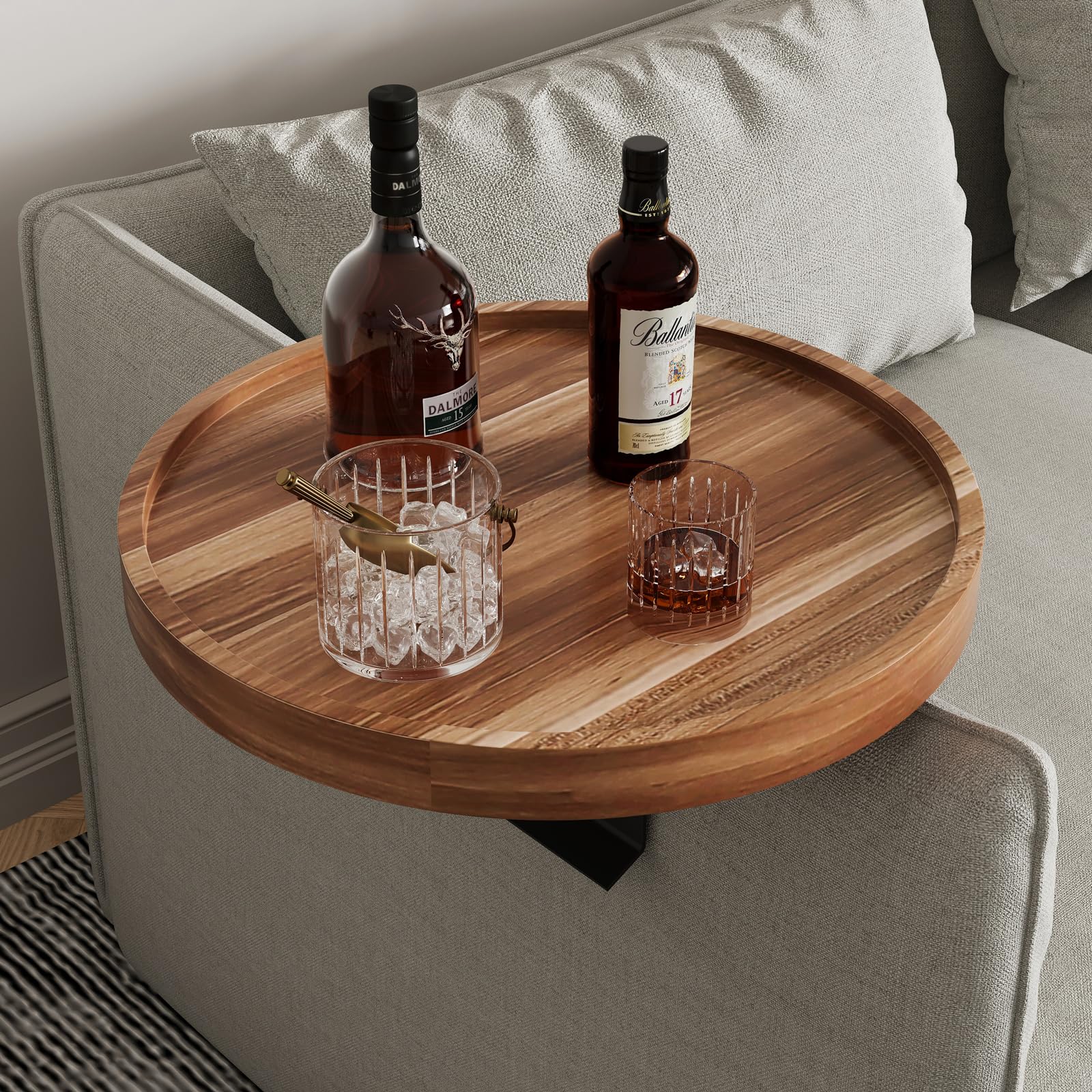 Semjar Acacia Wood Sofa Arm Table,Adjustable Round Couch Armrest Tray,Wooden Chair Arm Table Sofa Arm Tray for Wide Thin Couches Arm,Arm Trays