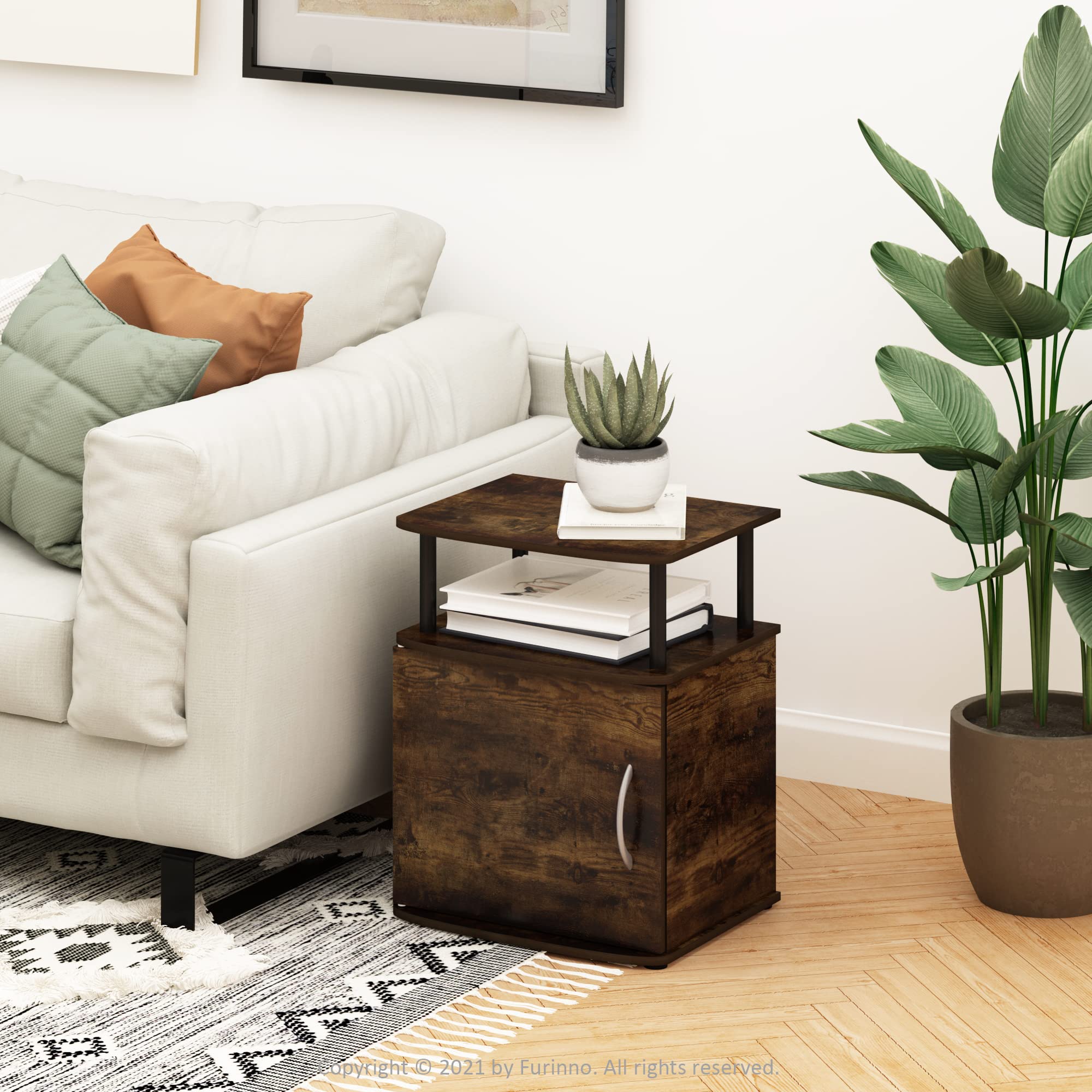 Furinno JAYA Side Table, End Table with Door Cabinet, Night Stand, Bedside Table, for Living Room, Bedroom, Amber Pine