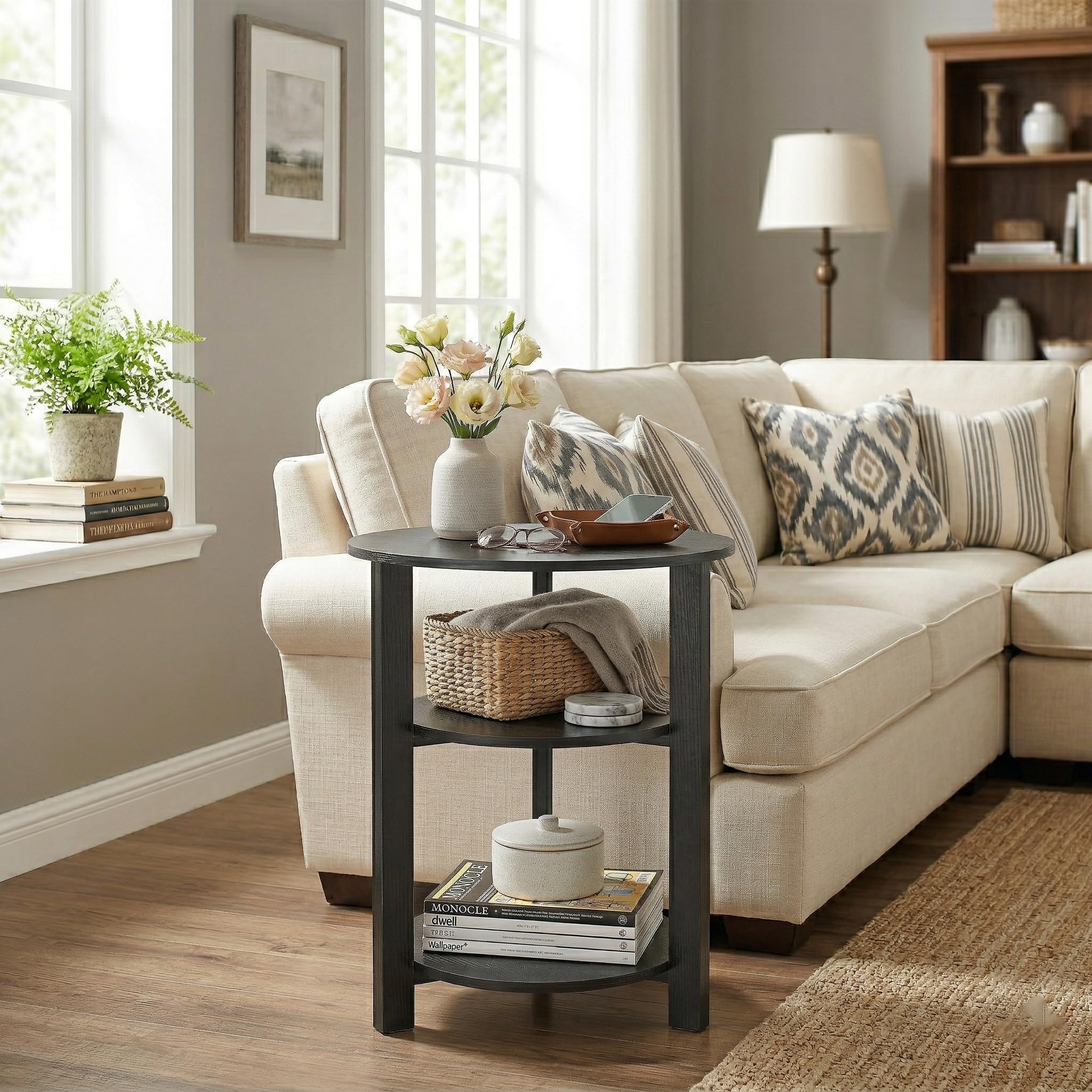 Farmhouse 3-Tier Round Side Table, 45 * 55 End Table with Open Storage,Modern Couch Accent Table Circular Nightatand for Living