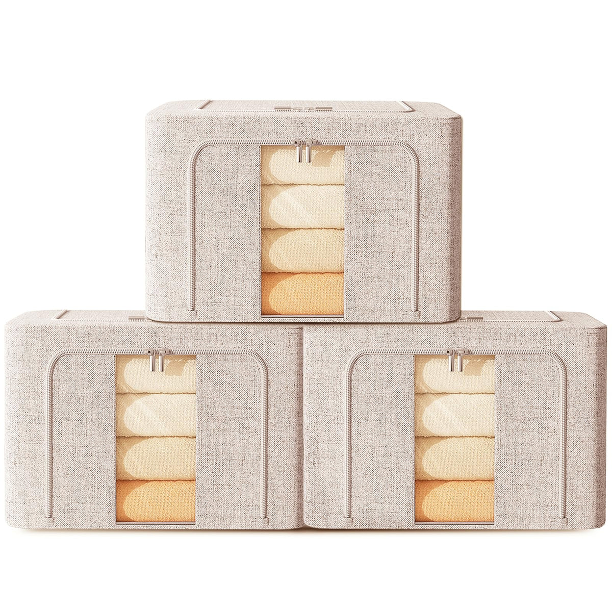 FYTXSZ Clothes Storage Boxes 66L with Metal Frame, Foldable Fabric Storage Bins with Lid and Clear Window