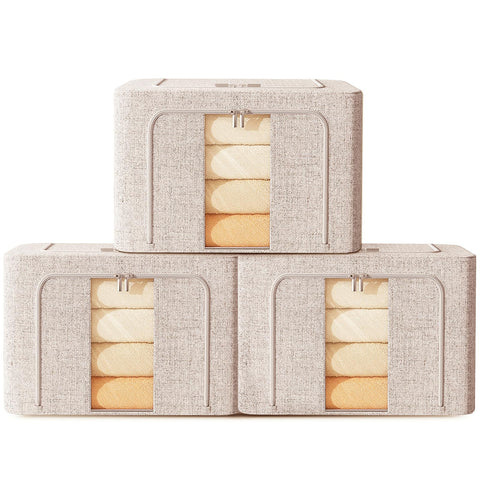 FYTXSZ Clothes Storage Boxes 66L with Metal Frame, Foldable Fabric Storage Bins with Lid and Clear Window