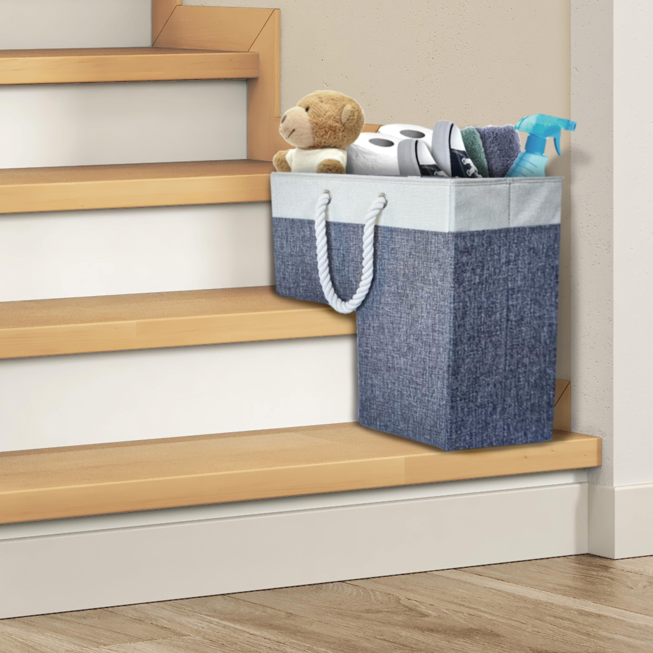 tullcan Tulcan Foldable Stair Basket Organiser. Large Stair Tidy Basket Storage with Lightweight, Collapsible Design (Grey and white)
