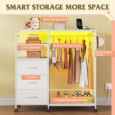 WLIVE White Chest of Drawers with LED & Charger, Fabric Open Wardrobe