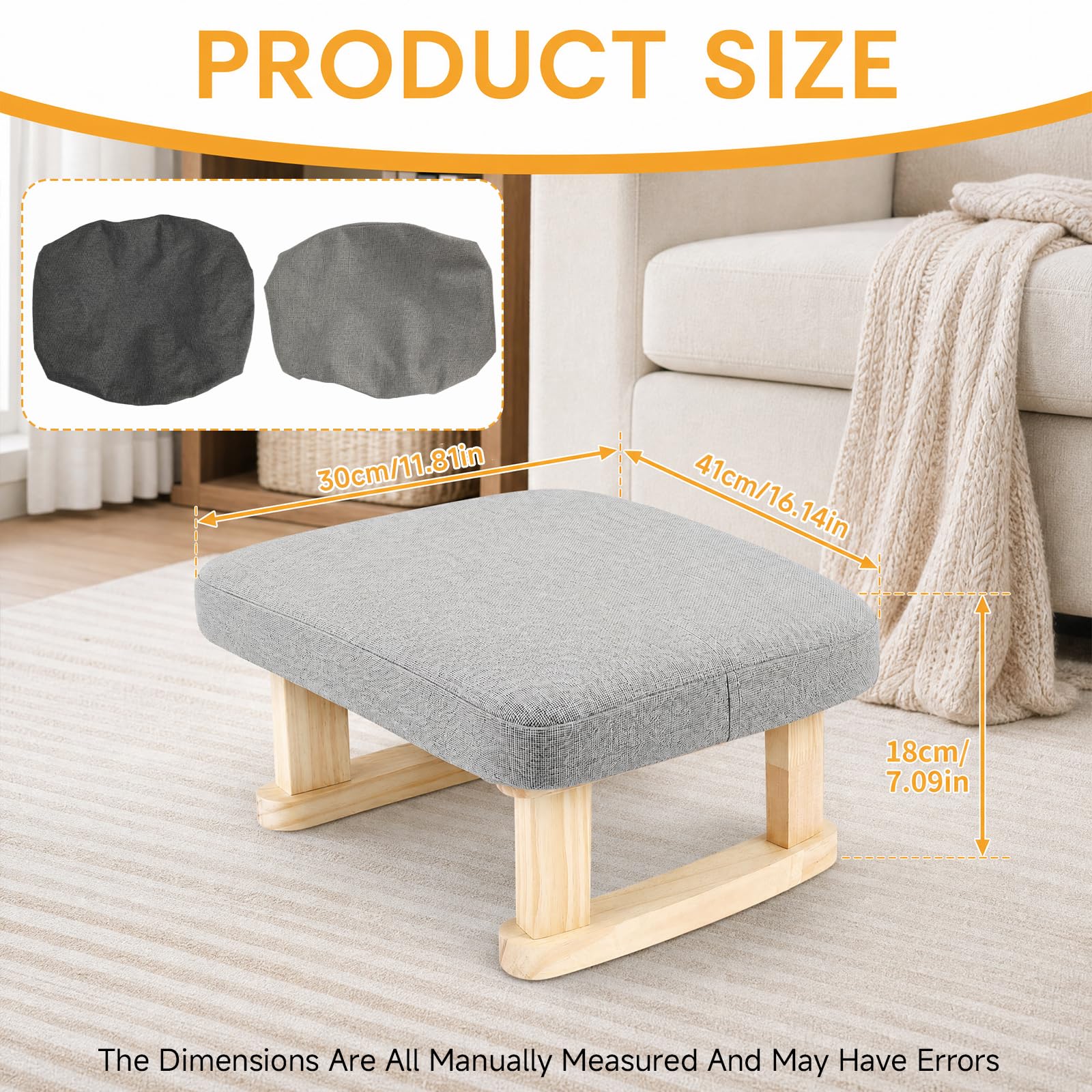 Foot Stool with 2 Linen Removable Cover, Solid Wooden, 18cm, Thickened