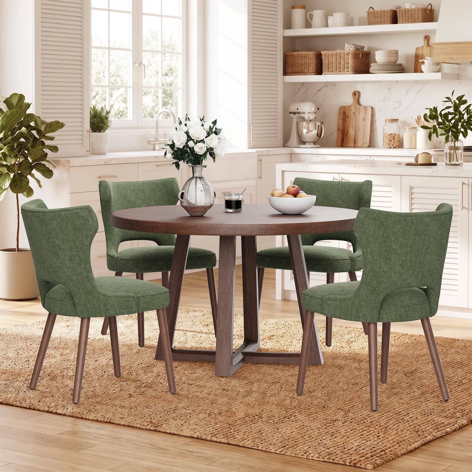 MALOL Upholstered Dining Chairs Set of 4, Dining Room Chairs with Hollow Backrest, High Back Kitchen Chairs with Solid Wood Legs, Thick Seat Cushion
