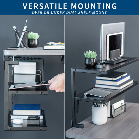 VIVO Clamp-on 61cm Above or Below Desk 2-Tier Shelving Unit for Table Accessories, Gaming Devices, and More, Storage Tray, Desktop Organizer, Black