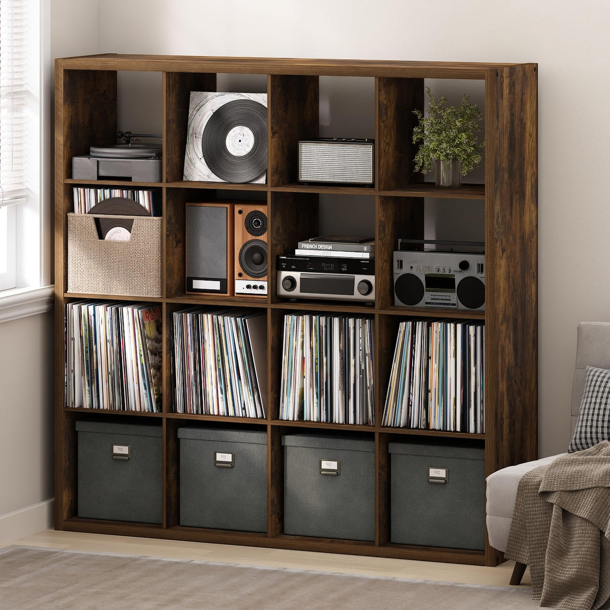 Furinno CUBICLE Record Player Stand with Vinyl Storage, 16-Cube 1.2 Extra Thick Vinyl Record Storage