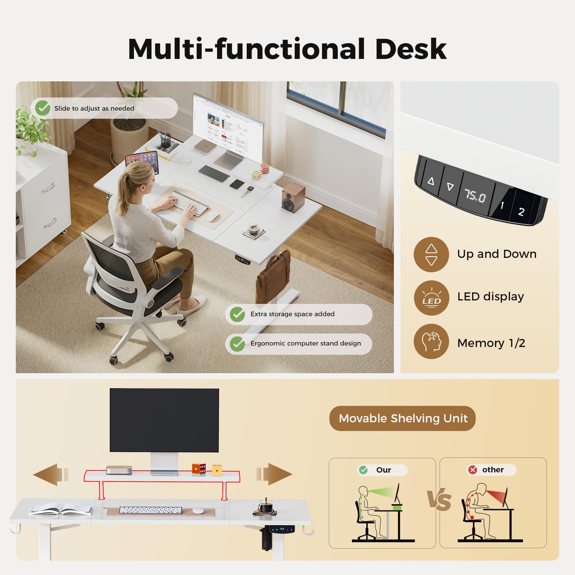 Agilestic Eletric Height Adjustable Desk, Movable Monitorstand, 120x80cm
