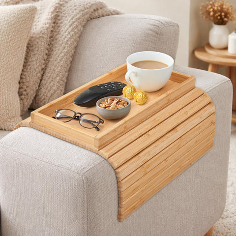 Sythrix Bamboo Sofa Arm Tray, Foldable Couch Armchair Tray, Sofa Arm Table, Sofa Armrest Tray