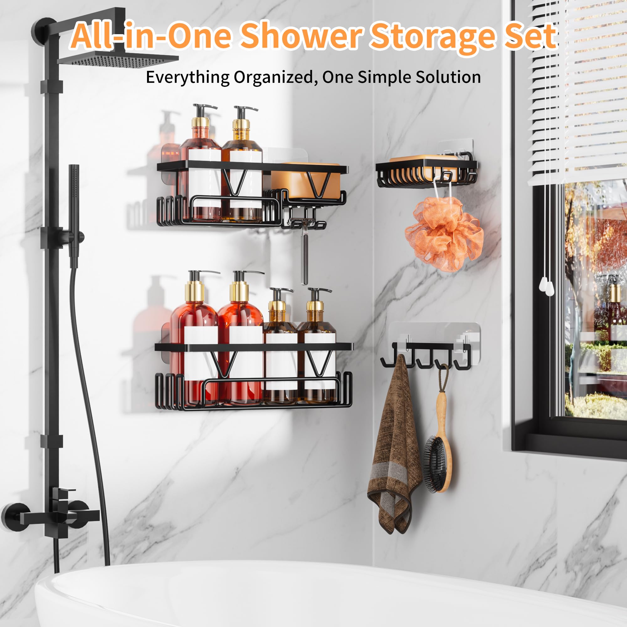 KEGII Adhesive Shower Caddy - Black Stainless Steel No Drill Shower Storage Shelves with Soap Holder & Hooks