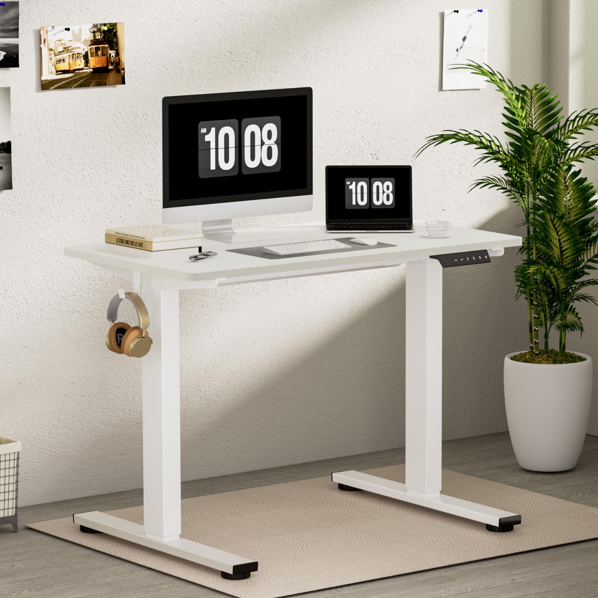 FLEXISPOT ONE PIECE Electric Standing Desk Height Adjustable Sit Stand Up Desk with Memory Smart Panel (White Frame+120x60cm White Desktop)
