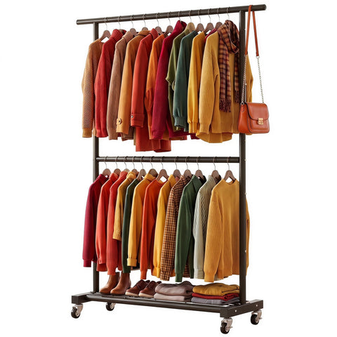 Sywhitta Double Rod Clothing Garment Rack, Rolling Coat Hanger with Bottom Mesh, Clothing Rack for Hanging Clothes, Coats, Skirts, Sweaters, Black
