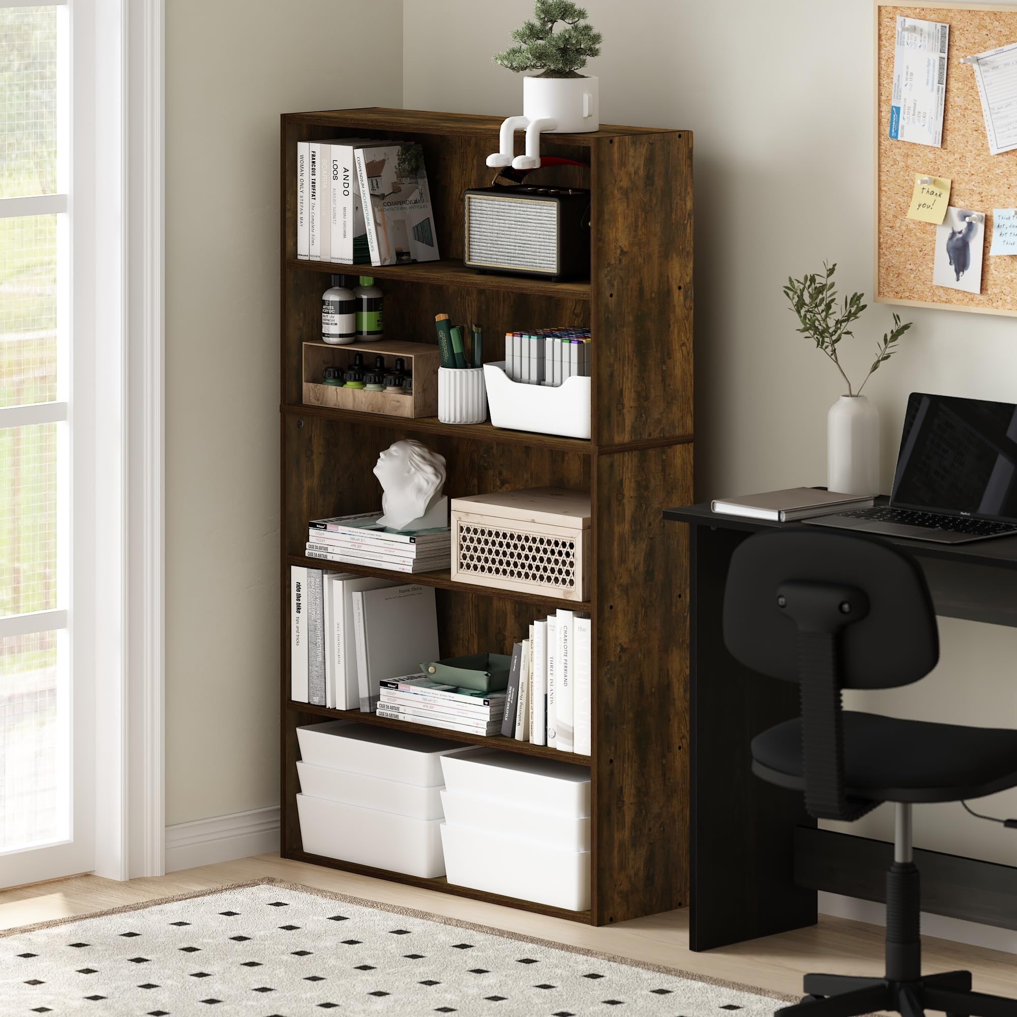Furinno PASIR Book Shelf, 5-Tier Bookshelf, Bookcase with Open Shelf, 9.4 x 31.5 x 52.7, for Living Room, Bedroom, Home Office, Amber Pine