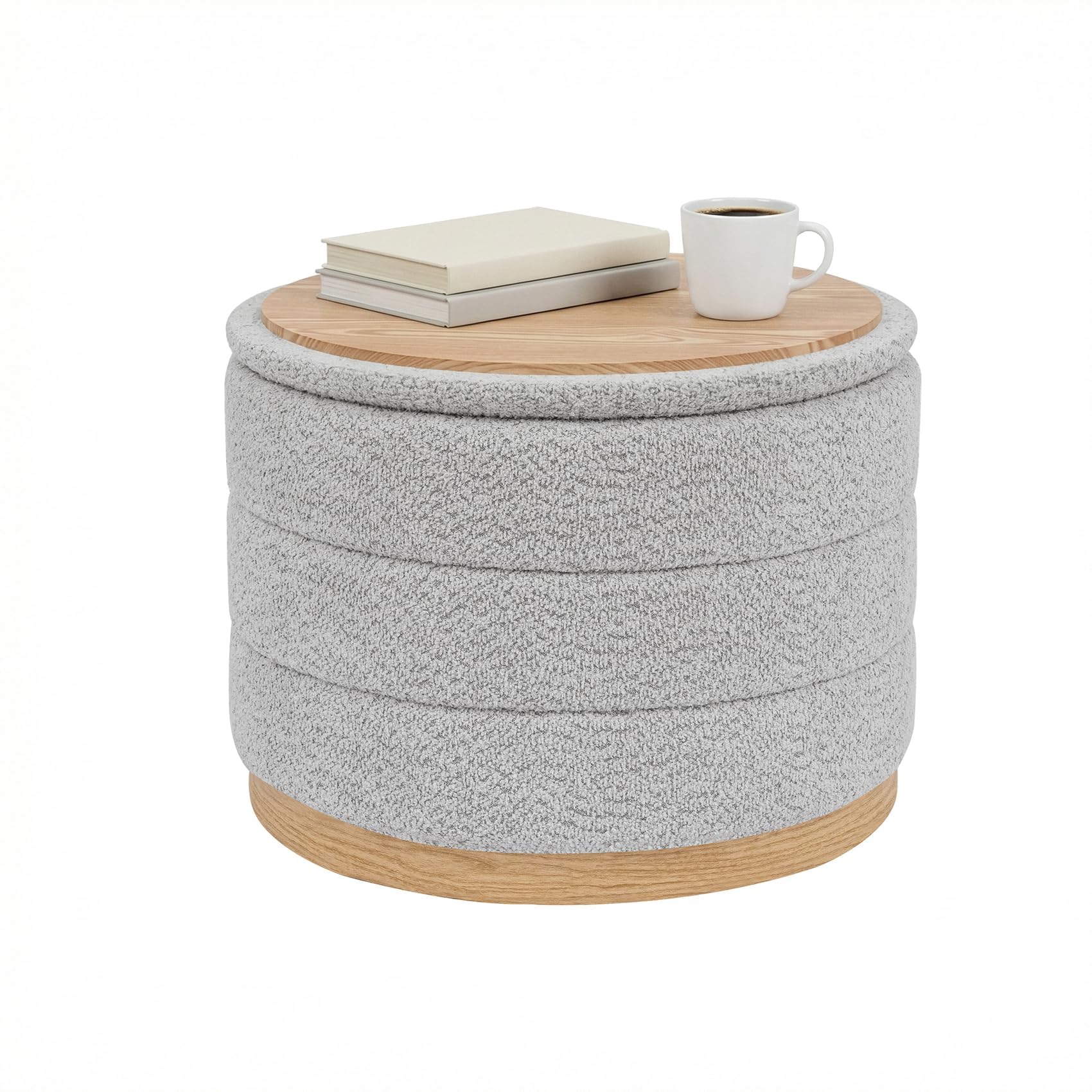 PINPLUS Round Chenille Storage Ottoman, Tray Top, 58x58x44 cm, Silver Grey