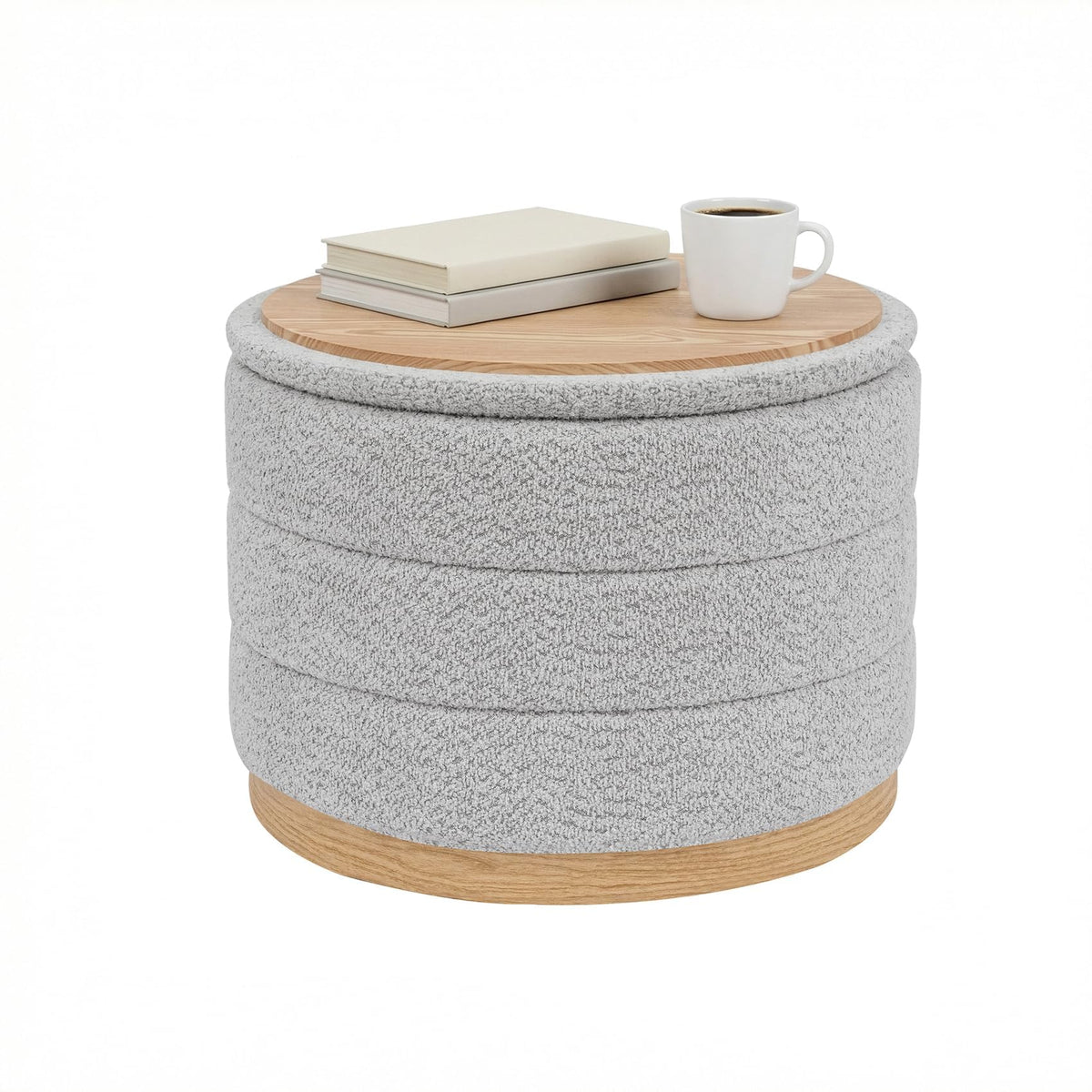 PINPLUS Round Chenille Storage Ottoman, Tray Top, 58x58x44 cm, Silver Grey