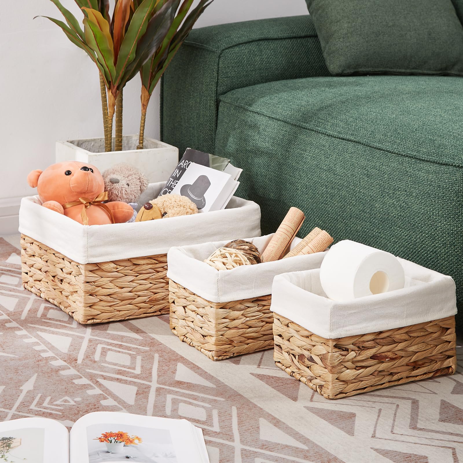 Vagusicc Wicker Storage Basket with Handles and Removable Fabric Lining