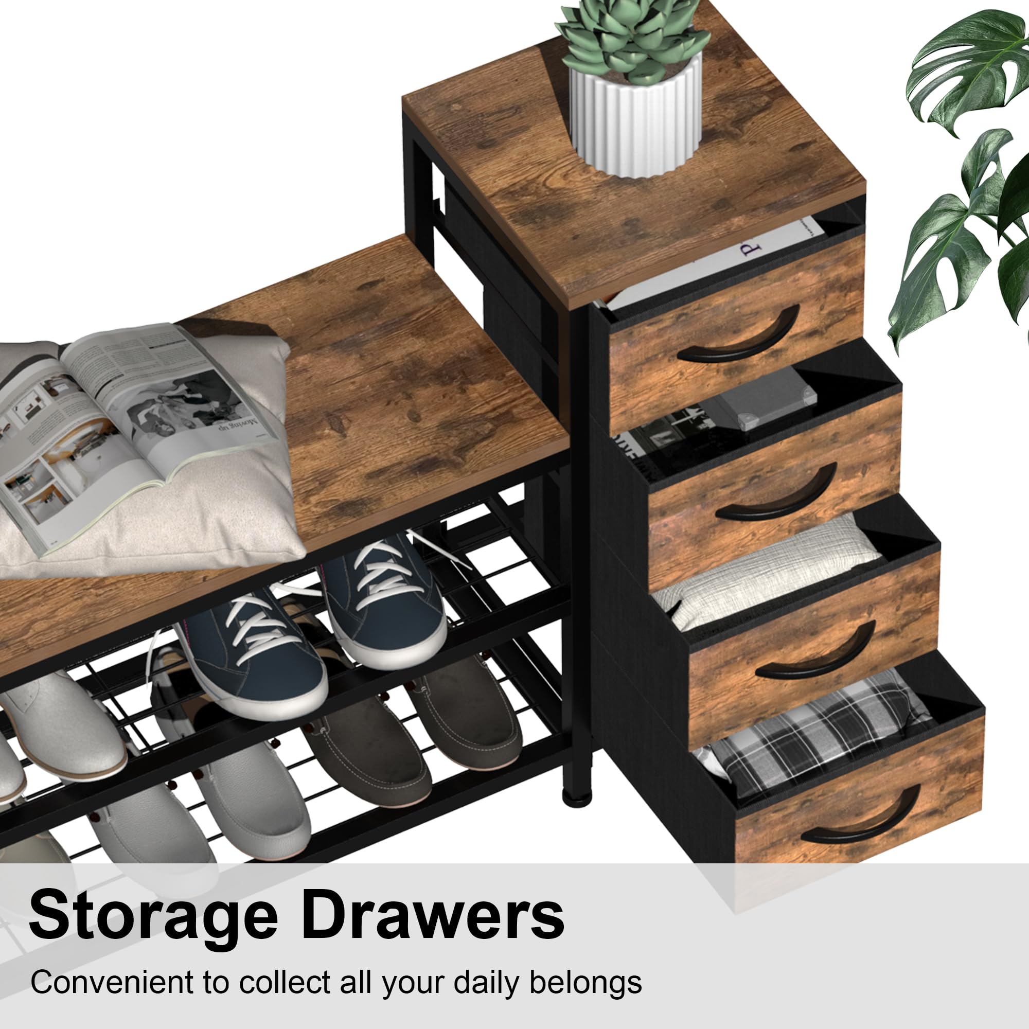 Welfuturer 3-Tier Shoe Storage Bench with 4 Fabric Drawers and Seat, Industrial Shoe Rack Cabinet with Shoe Shelf Storage for Hallway, Entryway