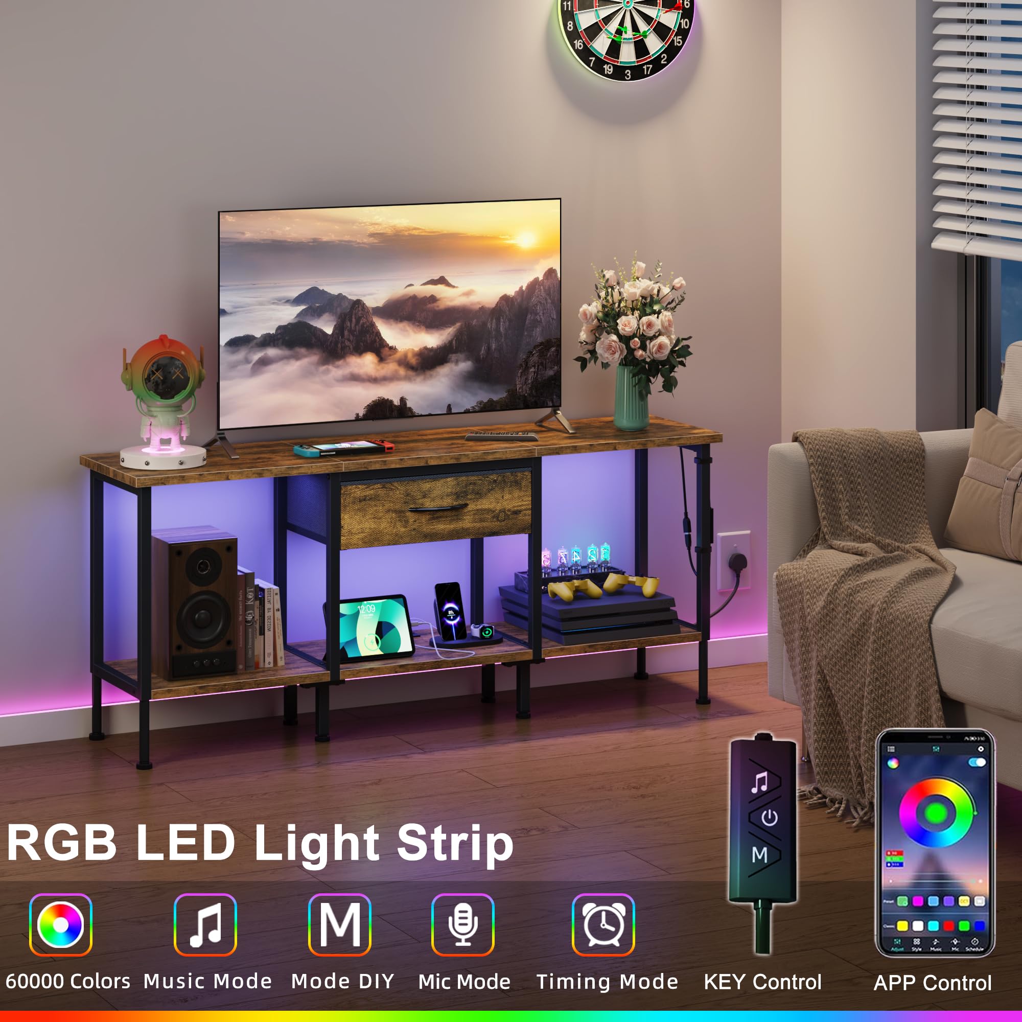 OYRREU TV Stand Cabinet LED for 55 50 Inch, TV Unit with Socket, USB Slots