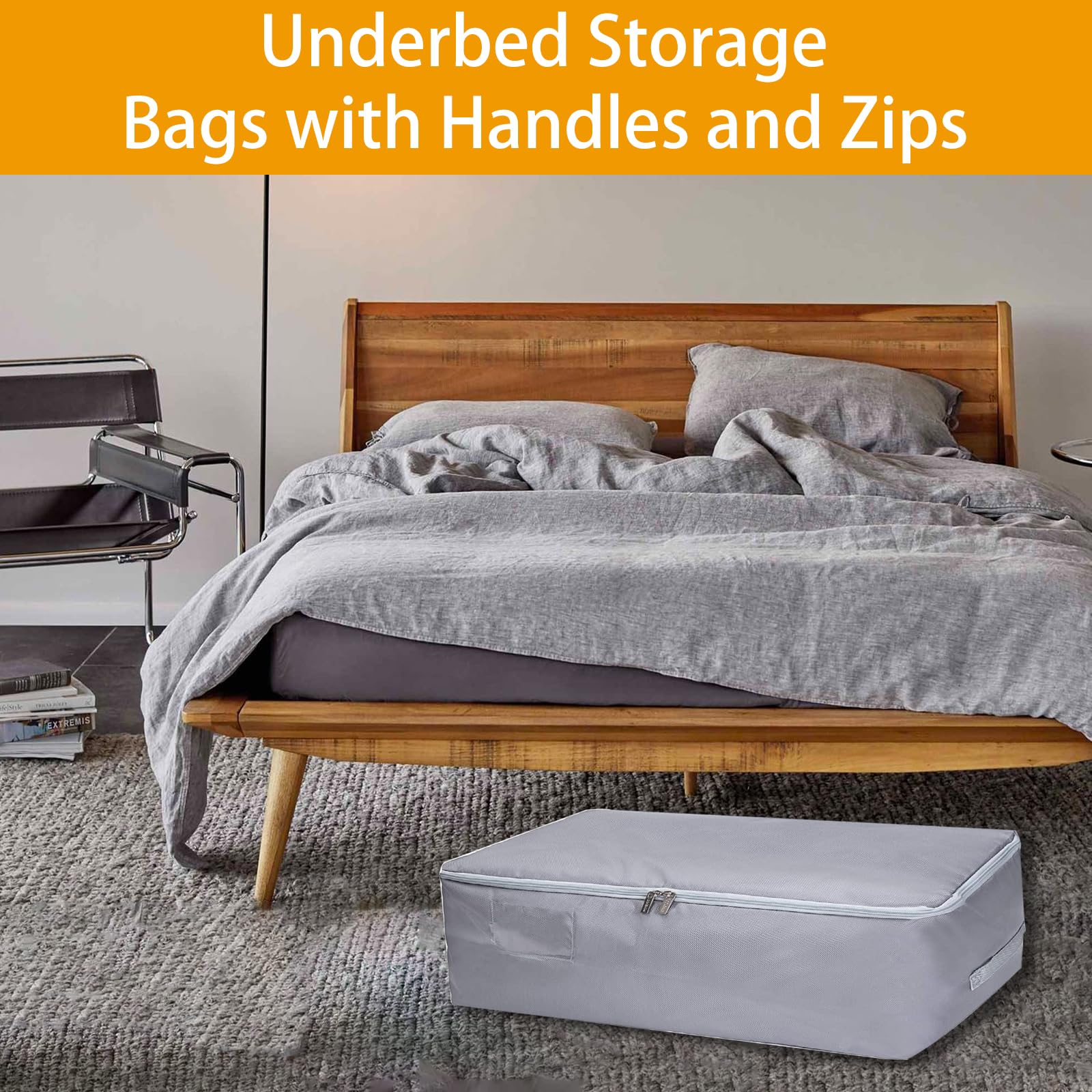 JMIATRY 4 Pack Underbed Storage Boxes with Lid, 50L Foldable Underbed Storage Bags with Handles and Zips, Large Clothes Moving Bag for Quilts