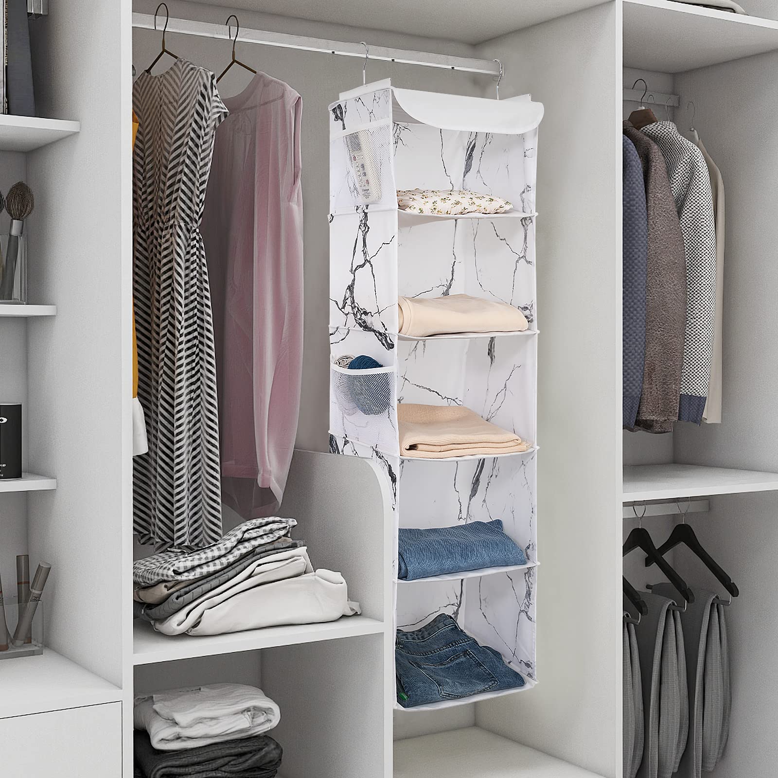 BrilliantJo Hanging Storage with 5 Shelves Wardrobe Closet Organiser, Storage Shelves Unit with 6 Pockets for Clothes - marblizing(30 x 30 x 108cm)