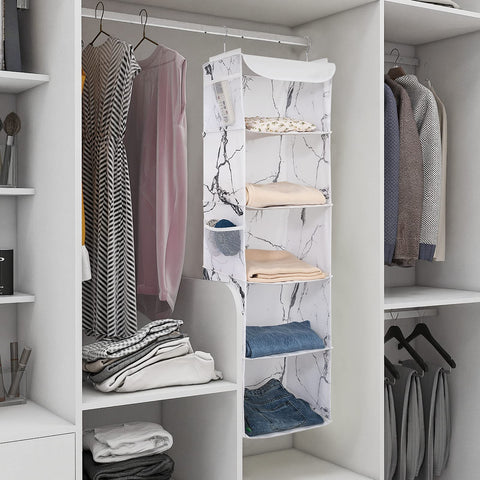 BrilliantJo Hanging Storage with 5 Shelves Wardrobe Closet Organiser, Storage Shelves Unit with 6 Pockets for Clothes - marblizing(30 x 30 x 108cm)