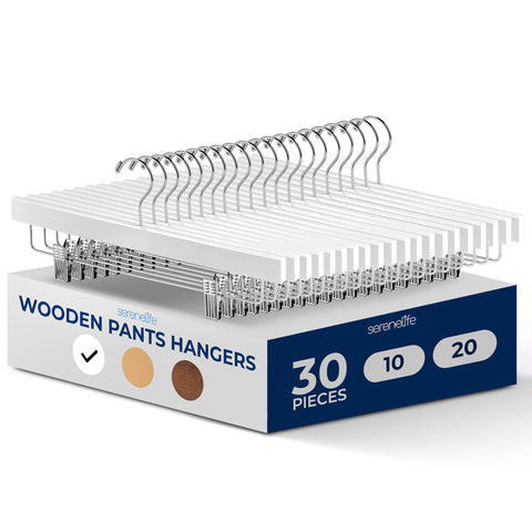 SereneLife 20pcs White Wooden Trouser Hangers, 35cm Anti-Slip Clips