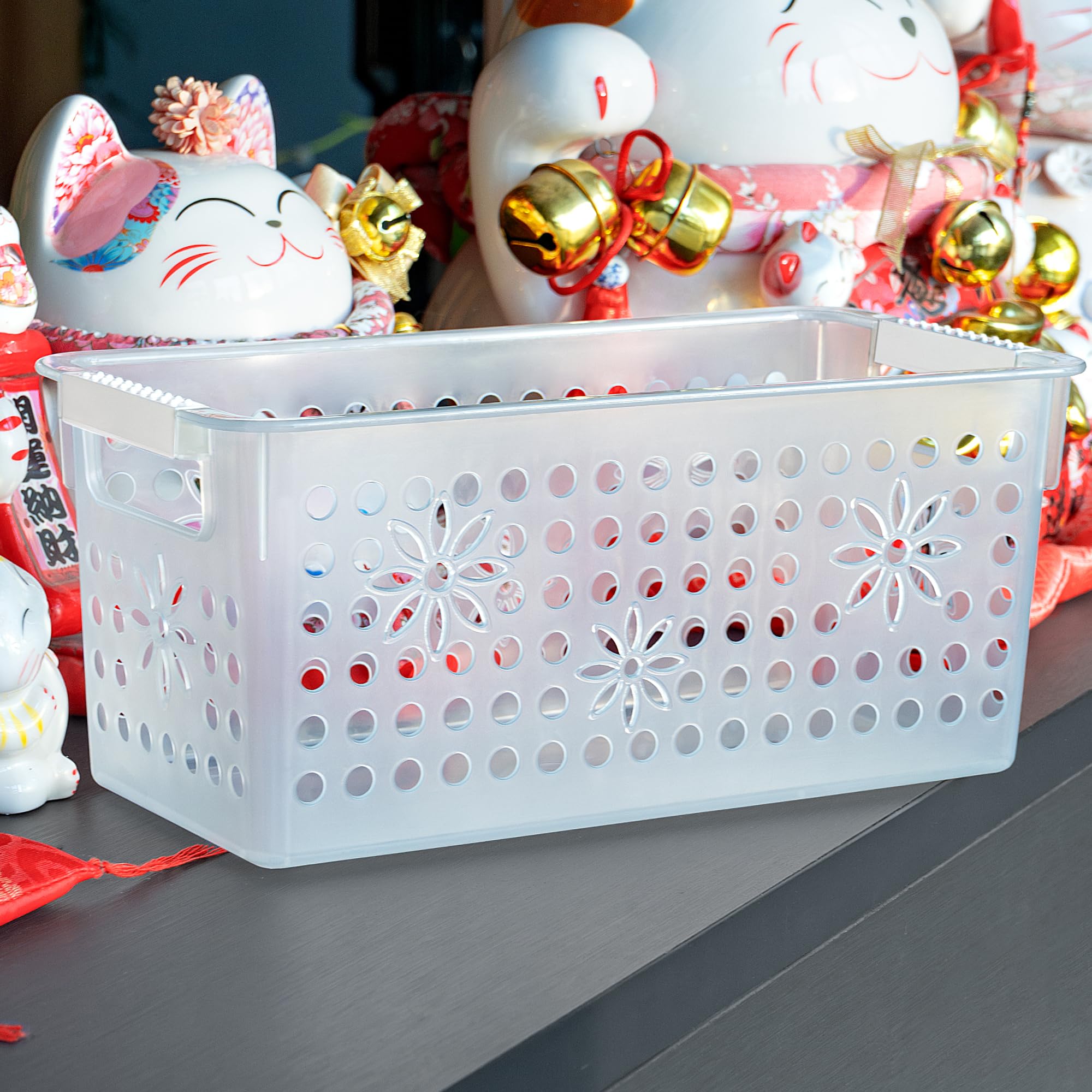 Cetomo Plastic Storage Box, Storage Baskets with Handle, Shelf Basket Organizer with Hole, Open Top Storage Bin for Home Kitchen Office, Transparent