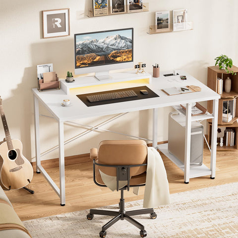 iSunirm Gaming Desk with LED Lights & Power Outlet, Reversible Computer Desk with Moveable Monitor Stand