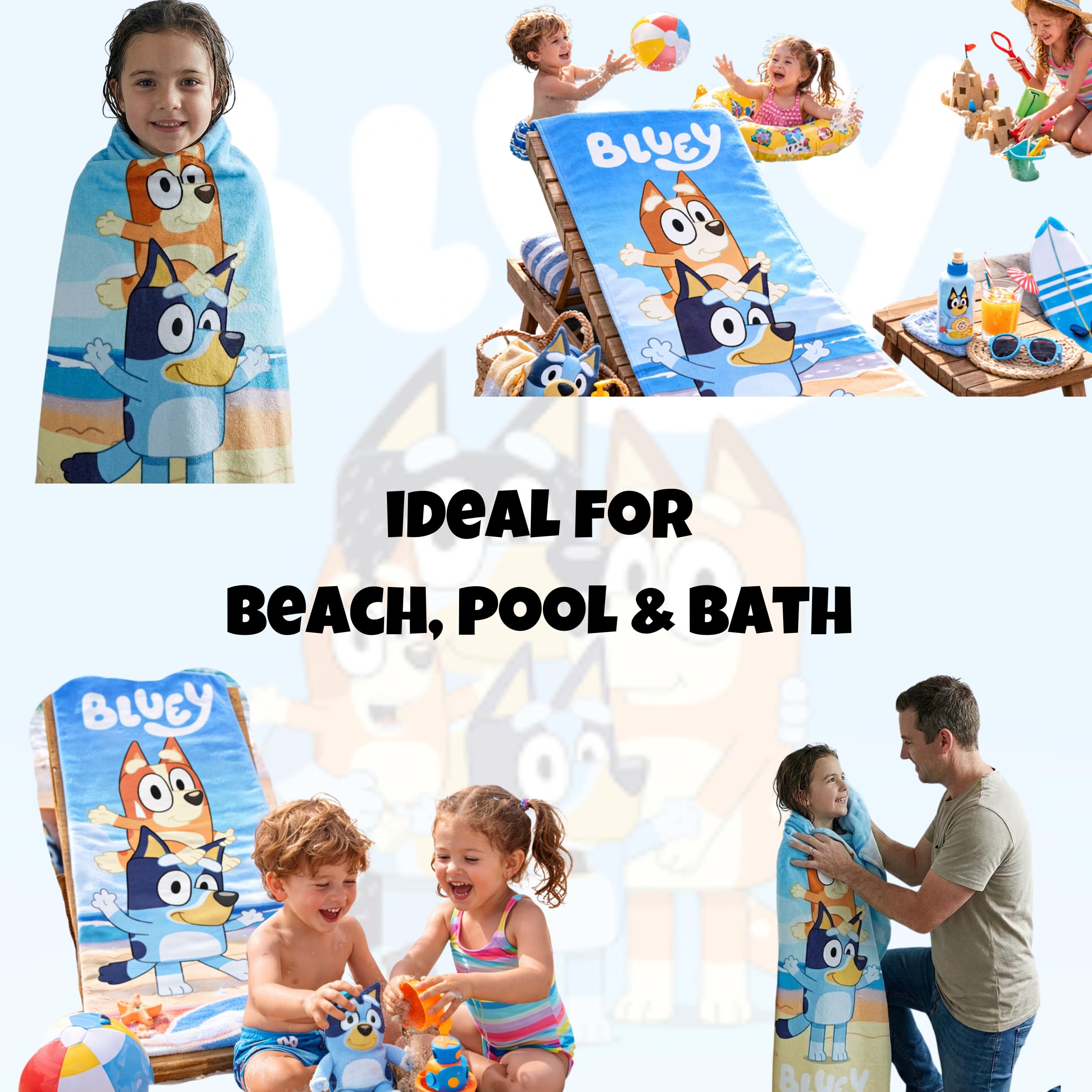 BrandMac Bluey & Bingo Beach & Bath Towel 70x140cm, 100% Cotton | Soft & Absorbent Kids Bath & Swim Towel | Official Bluey Towel | Ideal for Beach