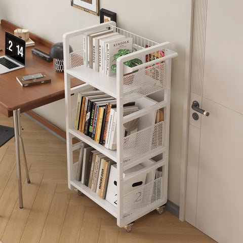Ornestia Book Trolley,Mobile Bookshelf Organiser with Lockable Wheels,White