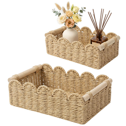 AURIVISTA Paper Rope Scalloped Toilet Paper Storage Organizer Basket,Beige
