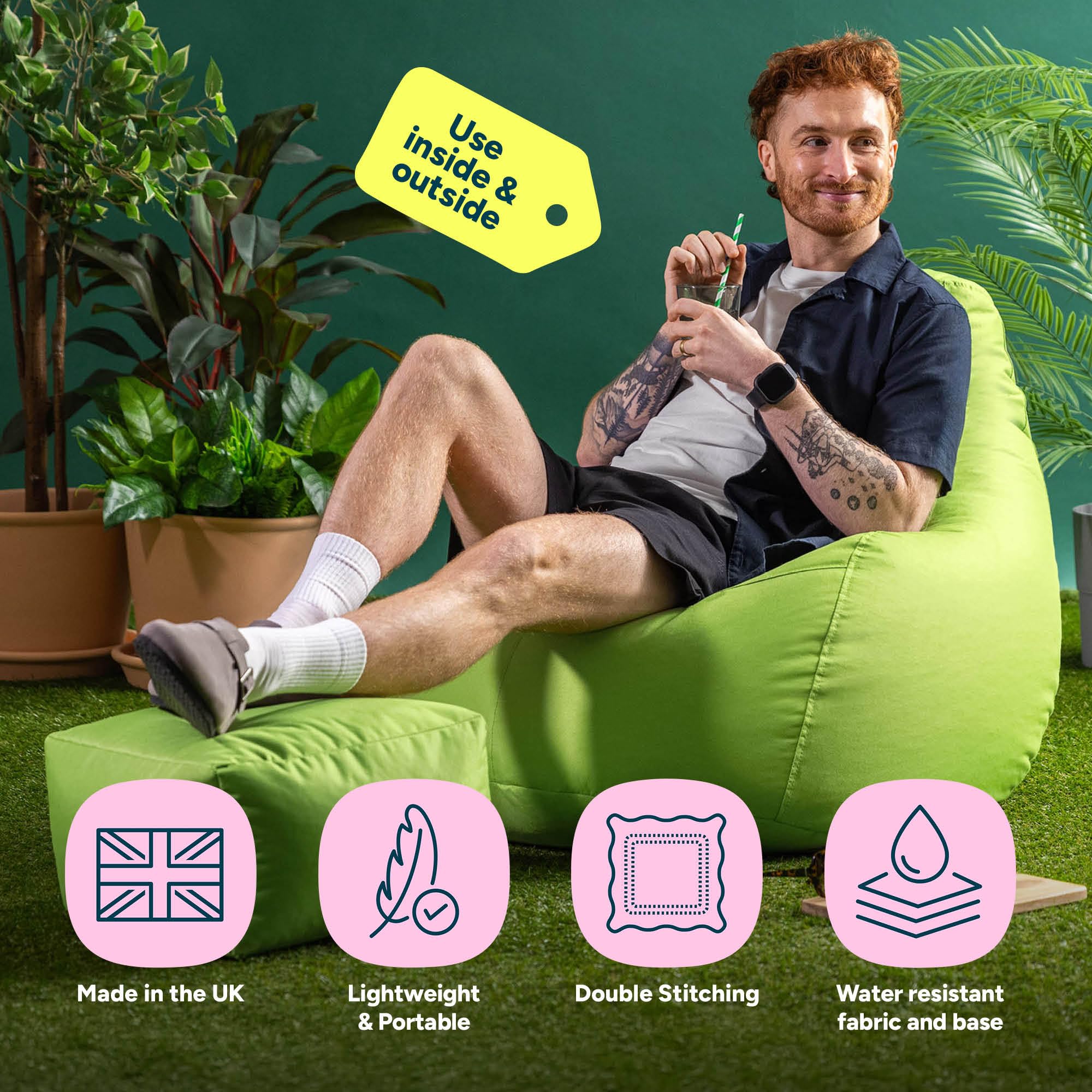 Bean Bag Bazaar Outdoor Bean Bag & Footstool with Filling Included, Green