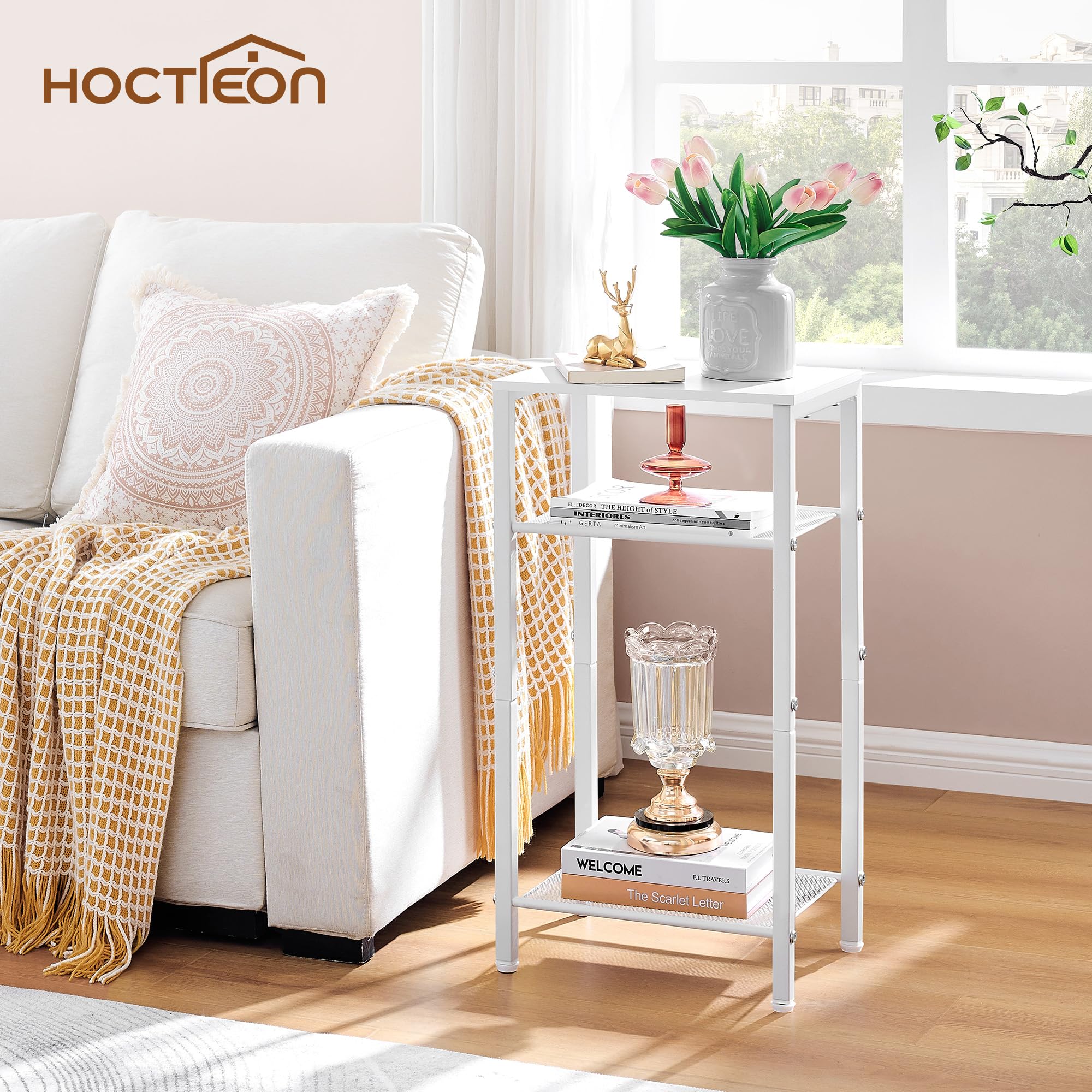 Hoctieon 3 Tier End Table, Telephone Table, Tall Side Table with Storage, Small Nightstand for Small Spaces, Metal Frame, For Living Room, Bedroom