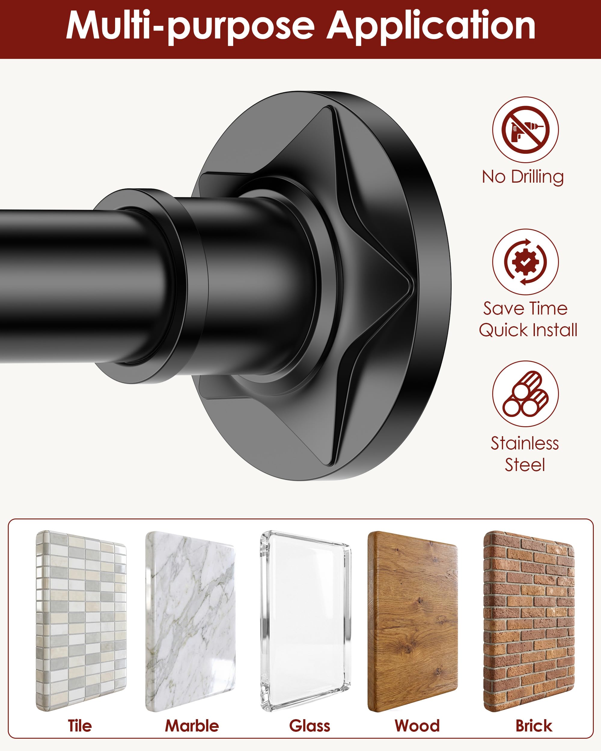 Shower Curtain Pole, Extendable No-Drill Tension Rod, Shower Pole & Curtain Set - Telescopic Shower Rail, 76-278cm, Rustproof Non-Slip